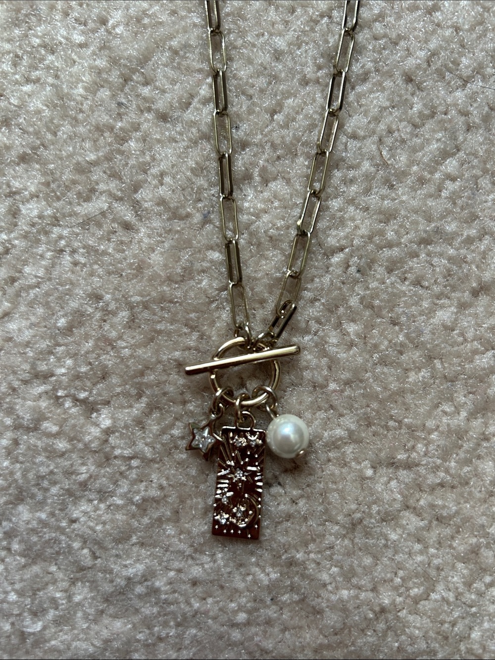 J. Crew Gold Toggle Necklace with Pearl and Star Charms